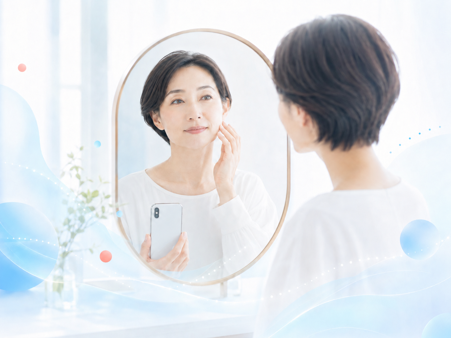 鏡を見ながら今の自分にやさしく気づく女性